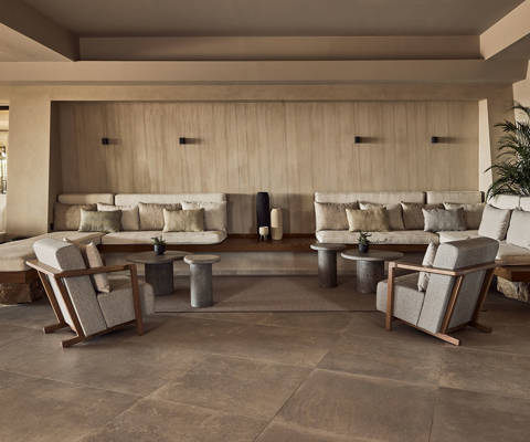Zelia Resort Halkidiki Hebe Cafe Bar sitting area with couches and armchairs
