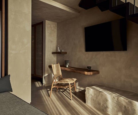 Zelia Resort Halkidiki Panorama Suites Sea View chair, wall-mounted table and amenities
