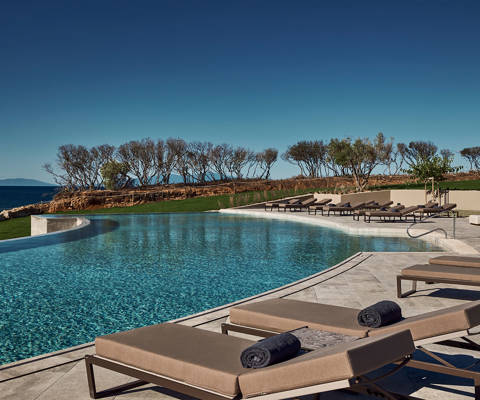 Zelia Resort Halkidiki Swimming Pool, sunbeds and garden view
