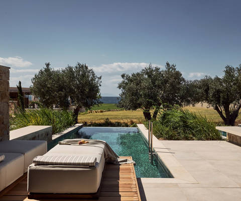 Zelia Resort Halkidiki Signature Suite Private Pool view of the pool, sunbeds and the garden
