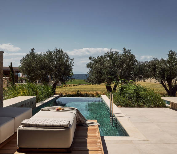 Zelia Resort Halkidiki Signature Suite Private Pool view of the pool, sunbeds and the garden
