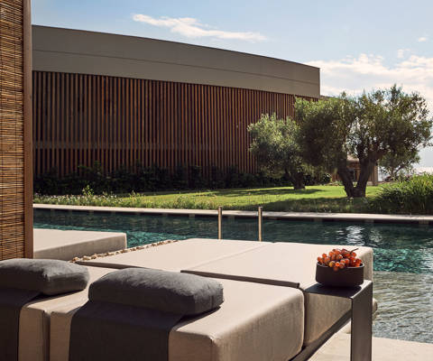 Zelia Resort Halkidiki Deluxe Double Swim Up pool view and sunbeds
